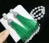 Collana di vendita calda 75-80cm 10-11mm bianco perla d'acqua dolce barocca verde giada zircone accessori bowknot ciondolo nappa