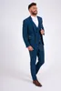 Mavi Damat Düğün Smokin Tüvit Çentikli Yaka Erkek Pantolon Takım Elbise Altın Cep 3 Parça Resmi Blazer Ceketler