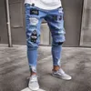 ABD Düzenli Erkekler Skinny Jeans Biker Yıpranmış Yıpranmış İnce Fit Denim Yırtık Pantolon