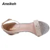 Aneikeh 2020 Fashion PU Sandal Women Summer Shoes Bling Bling Thin High Heels Round Toe Buckle Strap Ladies Party Gold Silver 42
