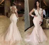 Illusie zeemeermin galajurken Sheer Neck Lace 3D appliques Beaded Long Sleeves Sweep Train Backless Avond Party Wear Pageant Gow262P