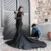 Schwarze Meerjungfrau-Abendkleider, Juwel-Ausschnitt, Spitze, lange Ärmel, Satin, formelles Kleid, Abendkleider, Ballkleider, Vestidos de Fiesta, Robe, individuell