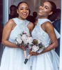 Simple New White Bridesmaid Dresses African Arabic Lace Beaded High Neck Ankle Length Wedding Guests Dresses Party With Bow Knot Back
