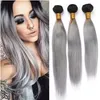 1b / Grå Ombre Virgin Malaysiska Human Hair Extensions Silky Rak Hår Vävar Ombre Silver Grå Human Hår Buntar Dark Root 3pcs Lot