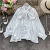 Neploe Bow Tie O-Neck Blus Kvinnor Lantern Långärmade T-shirts Koreanska Eleganta Arbetskjorta Casual Toppar Höst Chiffon Blusas 56165