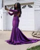 Africano roxo Mermaid Prom vestidos longos Sheer mangas compridas de cetim Lace Applique vestidos de noite até o chão Formal Vestido vestido de festa