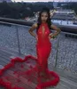 Vermelho Africano 2019 Sereia Vestidos de Baile de Penas de Lantejoulas Sexy Sereia Vestido de Noite Contagem Trem Ver Através Sem Costas Cocktail Party vestidos