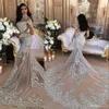 Arabische sexy Meerjungfrau-Hochzeitskleider, Stehkragen, lange Ärmel, Illusion, Spitze, Applikationen, Kristallperlen, Kapellenschleppe, Übergröße, individuelle Brautkleider