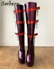 Sorbern Derin Mor Özel Geniş Buzağı Çizmeler Kadın Kırmızı Sapanlar Kilitlenebilir Tuşları Seksi Fetiş Çizmeler Bdsm Yüksek Topuk Bayan Bayanlar Çizmeler