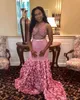 Size Cascading Plus Pink Rose Flowers African Mermaid Prom Dresses 2019 See Through Appliques Beads Evening Gowns Party Dress Ogstuff