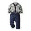 Kids performance outfits baby boys plaid lapel long sleeve shirtsuspender pantsBows tie 3pcs sets fall new family party clothes 1755573