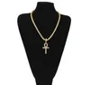 Egyptian Ankh Key Necklaces Mens Bling Gold Plated Chain Rhinestones Crystal Cross Iced Out Pendant For women's Rapper Hip Hop Jewelry B1189