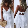 Vestidos casuais meninas vestido de verão branco espaguete cinta arco sexy mulheres v-pescoço sem mangas praia backless lace patchwork mini1557