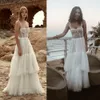 Hot Sell 2020 A-line Floral Wedding Dresses Spaghetti Strap Sleeveless Beaded Pearls Wedding Dresses Ruched Tulle Sweep Train Bridal Gown
