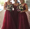 2019 Formell Burgundy Bridesmaid Dresses Plus Size Strappy A Line Lace Appliqued Tulle Maid of Honor Dresses Wedding