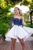 Blue New Navy Short Homecoming Prom Sheer Neck A Line Button Back Long Sleeves Juniors Sweet 15 Graduation Tail Party Dress