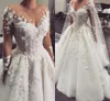Árabe 3D Flores Vestido de Noiva A linha Sheer Pescoço Apliques de Manga Longa Vestidos De Noiva Nupcullo