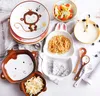 Cartoon Pink Rabbit Ceramic Dinnerware Set for Kids Children Toddler Baby Hand Painted Animal Feeding Tray Plates Dish Bowl Mug Spoon