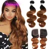 Capelli umani peruviani economici Body Wave 1B 30 Ombre Color 2 fasci con chiusura in pizzo 4X4 con capelli per bambini Body Wave 3 pezzi 1b / 30