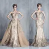 Sexy New Formal Evening Dresses Wear Jewel Neck Illusion Mermaid Champagne Overskirts Lace 3D Floral Prom Dress Celebrity Party Gowns