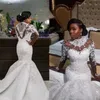 Prachtige Saoedi-Arabische parels Crystal Trouwjurken Plus Size Nigeriaanse Kantstijlen Hoge Hals Lange Mouw Applique Beaded Mermaid Bridal