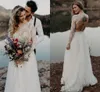 2019 Illusion с длинным рукавом Страна Свадебные платья Boho Прекрасный кружевной драгоценность замочной скважины Без Без спинки Tulle Beach Свадебные платья свадебные платья