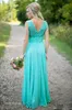 2019 Turquoise Long Chiffon Country Bridesmaid Dress Elegant Long Lace Top Backless Formal Maid of Honor Dress Wedding Party Gown Plus Size