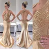 Nieuwe plus size goud zeemeermin prom jurken lieverd kristal kralen backless satijnen vloer lengte sexy arabisch feest formele avondjurken