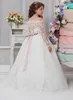 Uroczy biały Zroszony Pas Koronki Kwiat Girl Sukienki Tulle Urodziny Z Długim Rękawem Pierwsza Komunia Święta Pageant Prom Dresses