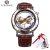 Forsining Double Side Transparent Brown Leather Waterproof Automatic Mens Watches Top Brand Luxury Skeleton Creative Wristwatch2755