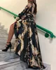 캐주얼 드레스 2021 가을 여자 Maxi Baroque 프린트 랜턴 소매 긴 버튼 붕대 붕대 우아한 드레스 슬릿 저녁 파티 Sun Dress291m