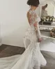 Luxury Rhinestones Mermaid Wedding Dresses High Neck Lace Applique Bridal Gowns Beaded Long Sleeves Wedding Dress Tulle Bridal Dress