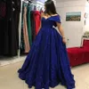 2019 Sexy Royal Blue Sequined Mermaid Prom Klänningar Av Axel Cap Sleeve Öppna Tillbaka Sweep Train Formell Party Dress Pageant Evening Gowns