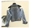 Nuovo design da donna con colletto rovesciato e spalle scoperte, moda sexy, rivetti, jeans denim patchwork, giacca corta casacos