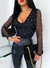 Fashion Sexy Beading Mesh See Through Low Cut Skinny Long Sleeve Women Blouse Sexy Tops and Shirt Long Sleeve Women Shirt