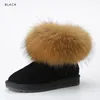 Inoe Cow Suede Leather Real Big Fox Fur Krótkie Koszulki Kobiety Zimowe Buty śniegu Dla Kobiet Winter Buty Czarny Brązowy Niepoślizgowy Sole