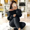 Womens Ladies Solid Off Shoulder Cable Knitted Warm 2PC Loungewear Suit Set autumn sweater women 2018 sweater woman winter plaid