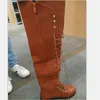 Botas largas para mujer, botas por encima de la rodilla de cuero con cordones para mujer, zapatos de invierno para mujer, botas de talla grande 34-43 para mujer