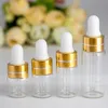 1ml 2ml 3ml 5 ml Clear Bottle Mini Essential Olja Glasflaska med Guld Svart Dropper Parfym Prov Tubes Flaskor 1000pcs Gratis frakt