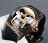 Ny bubbla Rose Gold Sculpture Case L390 / 03694 Blue Skull Ring Automatisk Mens Watch Tourbillon Fun Fisheye Blue Gummi Klockor Hello_Watch