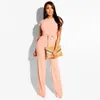 Kvinnor Casual Two Piece Set Strikkad TrackSuit High Stretchy Ribbed Front Tie Kortärmad Skörd Top Wide Ben Byxor Solid