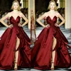 Satin Burgundia Prom Dresses 2019 Sexy Bez Ramiączek Front Split Party Sukienki Eleganckie Suknie wieczorowe Suknie wieczorowe