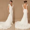 2020 Bhldn Syrenki Suknie ślubne V Neck Ruffles Sweep Pociąg Cap Rękaw Backless Suknie Ślubne Custom Made Plus Size Vestidos de Novia