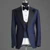 New Real picture One Button Navy Blue Wedding Groom Tuxedos Peak Lapel Groomsmen Mens Dinner Blazer Suits (Jacket+Pants+Vest+Tie) 487