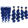 Lacivert Vücut Dalga Brezilyalı İnsan saç örgüleri ve Frontal 5Pcs Lot Saf Mavi Dalgalı Bakire Saç wefts 13x4 Dantel Frontal ile 4Bundles