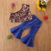 2PCS Kids Baby Girl Fashion outfit Party Clothes Set slash neck Leopard Ruffle crop Tops Flared blue Jeans bell bottom Outfit