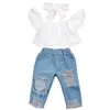 Vestiti firmati per bambini all'ingrosso ragazze Fashion Off spalla Crop Top White + Hole Denim Pant Jean + Headband Abiti firmati per bambina