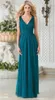 Cheap Chiffon Jasmine Plus Size Bridesmaid Dresses Long V Neck Teal Green Lace Hollow Back Wedding Guest Dresses Party Gowns