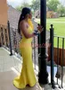 2019 Żółty Jeden Ramię Prom Dresses Mermaid Wzburzyć Satin African Juniors Pageant Robe De Soiree Suknie wieczorowe Celebrity Specjalne okazje