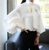 Pure witte vlinderdas blouse chiffon vrouwen kantoor shirt lantaarn mouw blouses blusas femininas formele dames tops